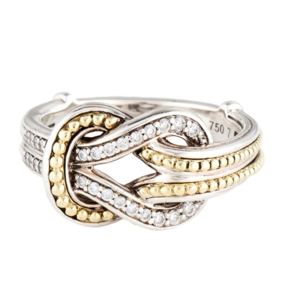 LAGOS DIAMOND NEWPORT 18K YELLOW GOLD & STERLING SILVER 925 KNOT BAND RING - Picture 2 of 9